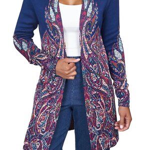 Ruby Rd. Woman 2X Navy Kaleidoscope Paisley Open Front Long Sleeve Cardigan